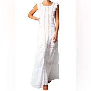 NWT! MIGUELINA Calista Crocheted Lace-Trimmed Designer Maxi Dress Linen Sz L